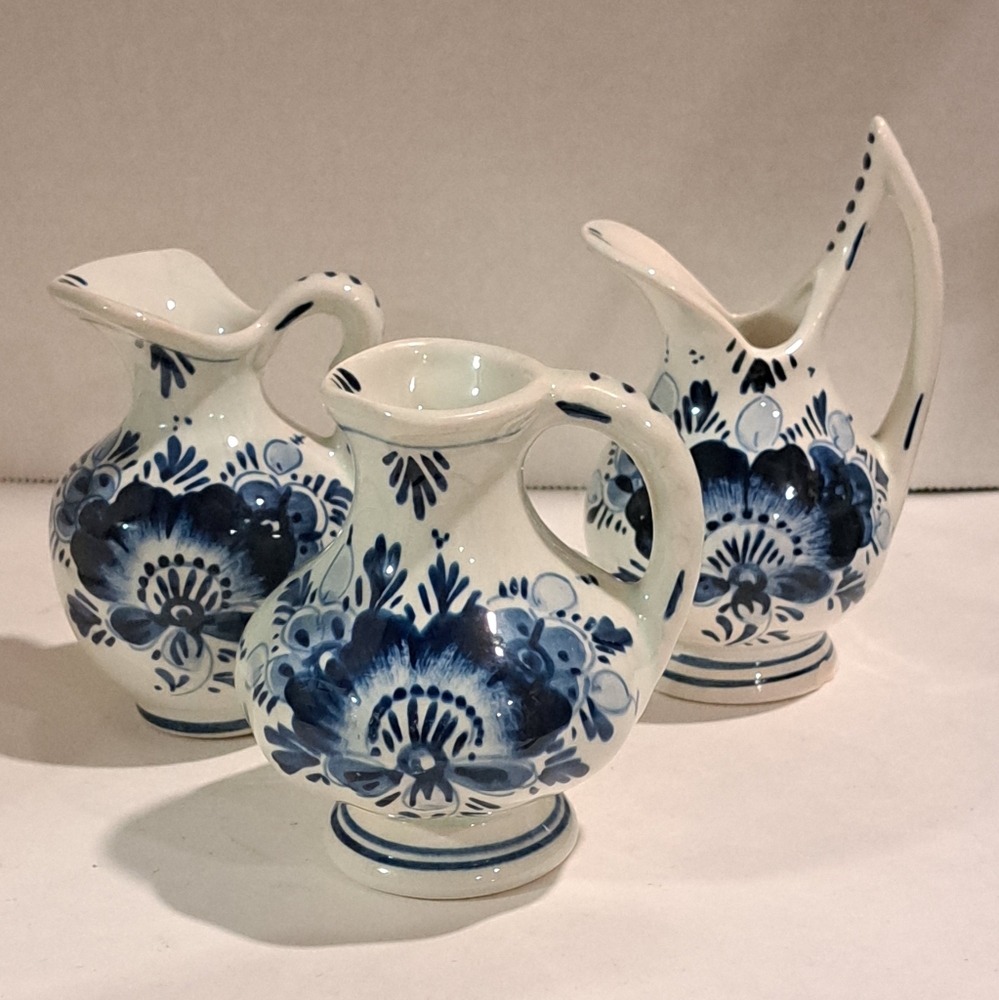 3 Collectible Vintage Delft Blue Holland Floral Miniature Ceramic Pitchers